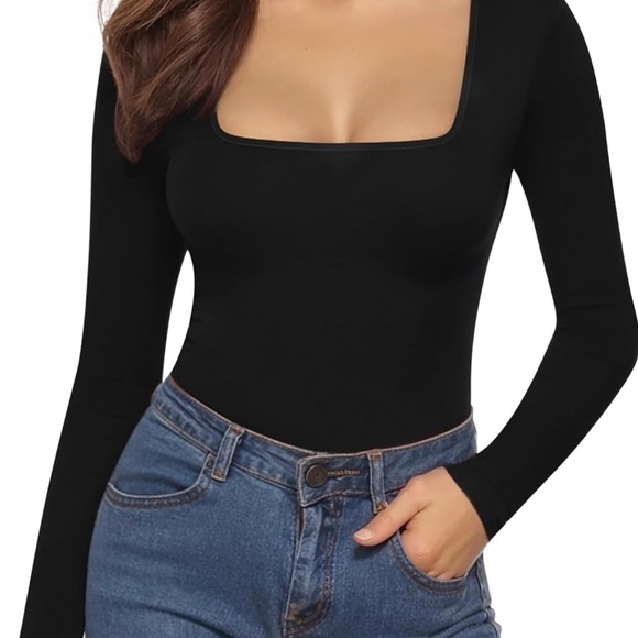MANGOPOP Women's Square Neck Long Sleeve Bodysuit Tops XSmall - Picture 2 of 6